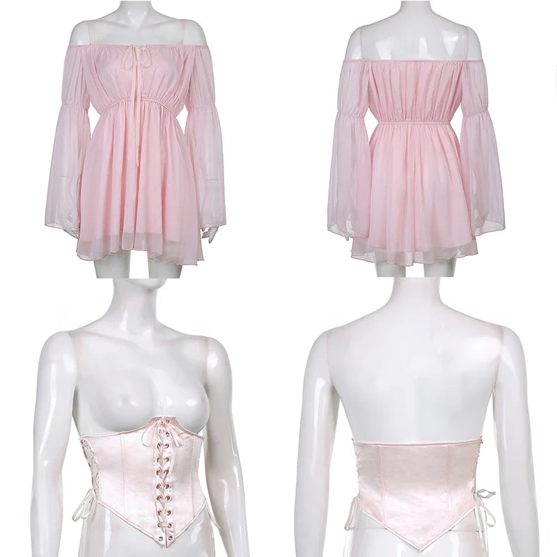 Chiffon Slash Neck Mini Dress Women Summer Beach Vacation Long Sleeve Corset Bandage Sundress Party Casual Dresses Pink